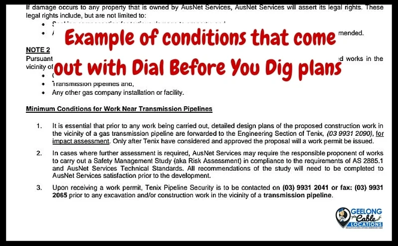 Example of conditions that come out with Dial Before You Dig plans