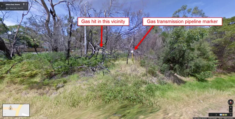 Screenshot of Google Maps, street view. Which shows the area of works back in 2010, in which you can see the gas marker post and a rough estimate of where the gas transmission pipeline was actually hit and damaged. 